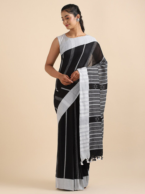 

Taneira Black & Silver-Toned Striped Pure Cotton Saree