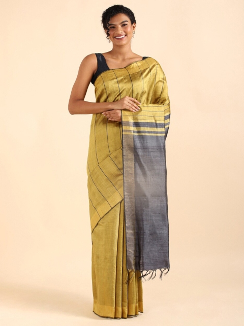

Taneira Yellow & Grey Striped Zari Pure Silk Bhagalpuri Saree