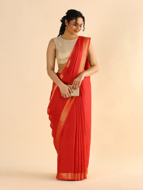 

Taneira Red & Gold-Toned Zari Pure Linen Bhagalpuri Saree