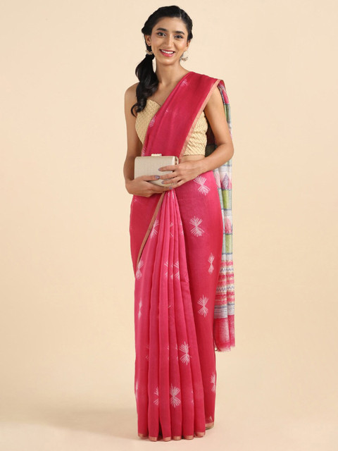 

Taneira Pink & Green Floral Silk Cotton Shibori Saree