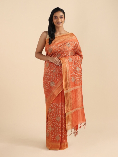 

Taneira Orange & Grey Floral Linen Blend Saree