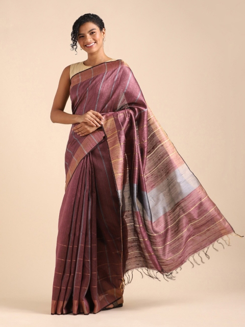 

Taneira Purple & Grey Striped Zari Pure Silk Bhagalpuri Saree