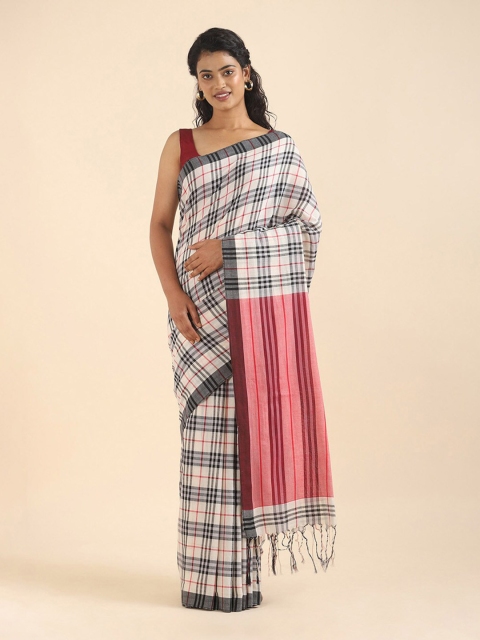 

Taneira Off White & Pink Checked Pure Cotton Saree