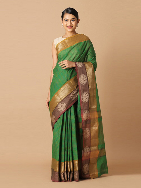 

Taneira Green & Brown Checked Zari Pure Cotton Saree