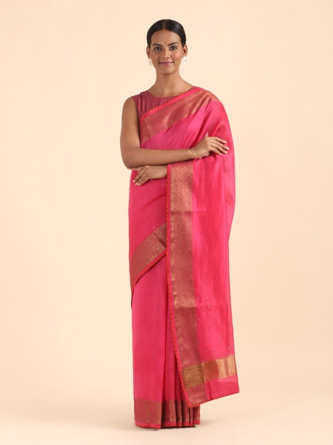 

Taneira Pink & Gold-Toned Embellished Zari Silk Cotton Saree