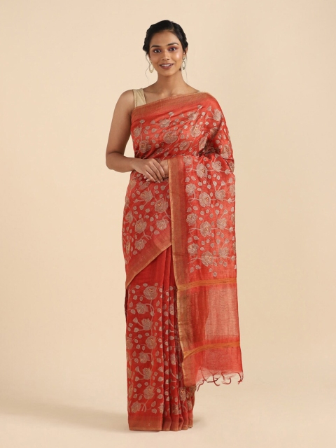 

Taneira Red & Beige Floral Linen Blend Saree