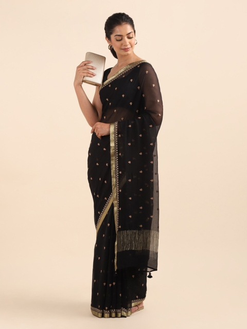 

Taneira Black & Gold-Toned Floral Zari Pure Chiffon Saree