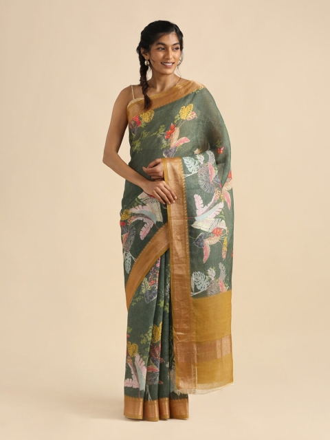 

Taneira Green & Gold-Toned Floral Zari Pure Linen Saree