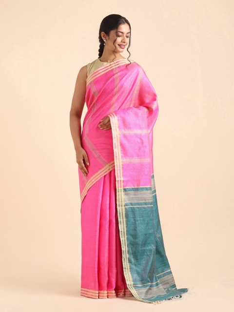 

Taneira Pink & Green Striped Zari Pure Silk Bhagalpuri Saree