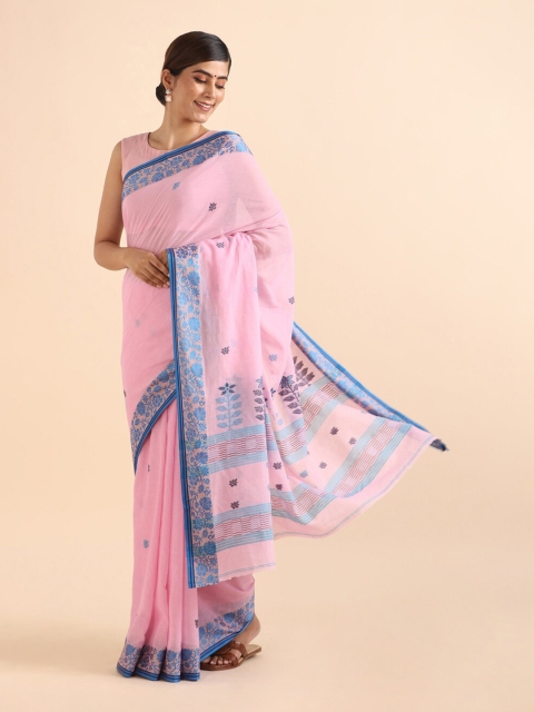 

Taneira Pink & Blue Floral Pure Cotton Saree