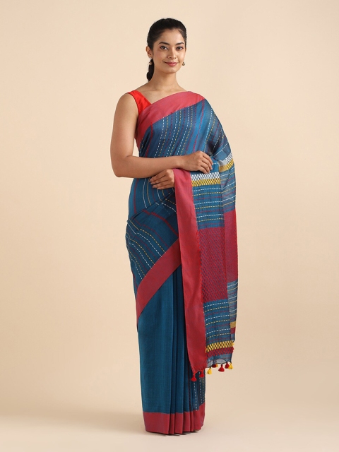 

Taneira Blue & Pink Striped Pure Cotton Saree