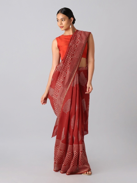 

Taneira Red & Gold-Toned Ethnic Motifs Zari Silk Cotton Bagru Saree