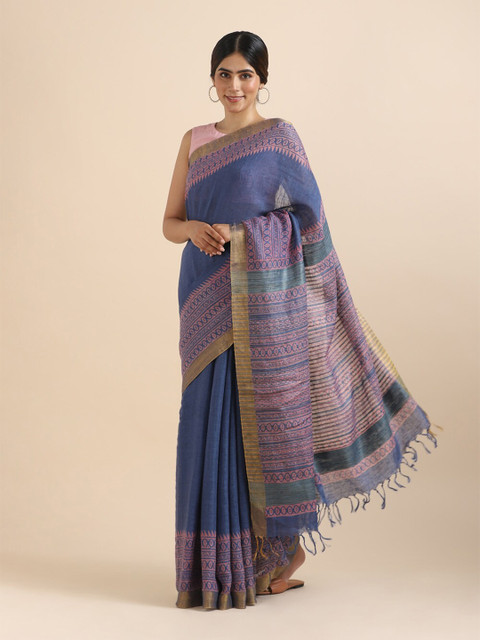 

Taneira Blue & Pink Ethnic Motifs Pure Linen Saree
