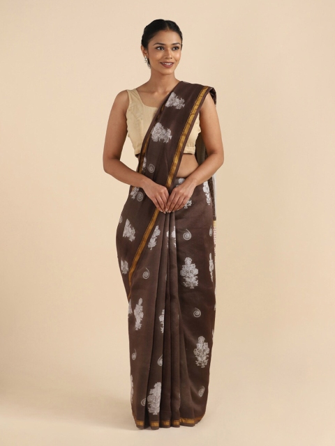

Taneira Brown & Off White Floral Zari Silk Cotton Saree