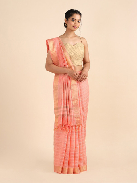 

Taneira Orange & Gold-Toned Woven Design Zari Pure Silk Saree