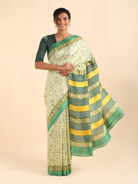 

Taneira Green & Yellow Floral Printed Pure Silk Saree