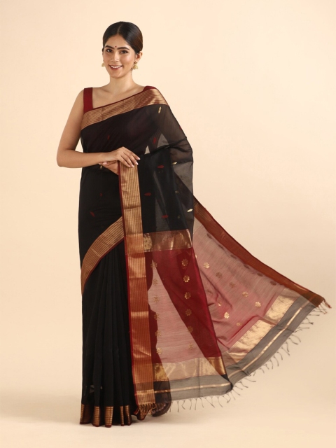 

Taneira Black & Gold-Toned Woven Design Zari Silk Cotton Maheshwari Saree