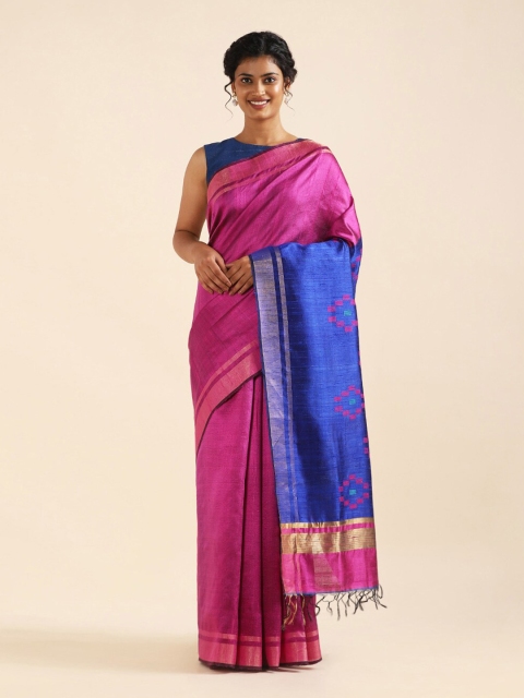 

Taneira Pink & Blue Zari Pure Silk Bhagalpuri Saree