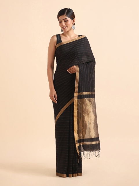 

Taneira Black & Gold-Toned Striped Zari Silk Cotton Saree