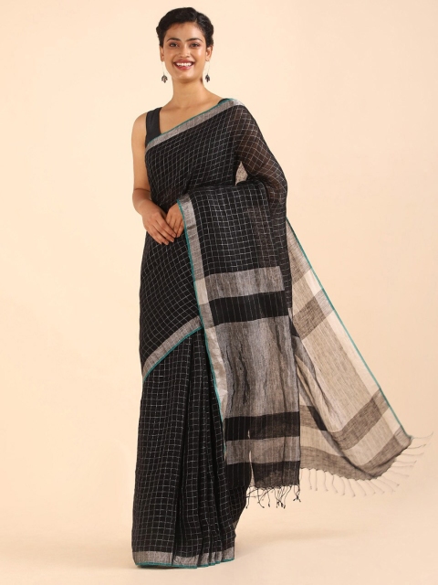 

Taneira Black & Grey Checked Zari Pure Linen Saree