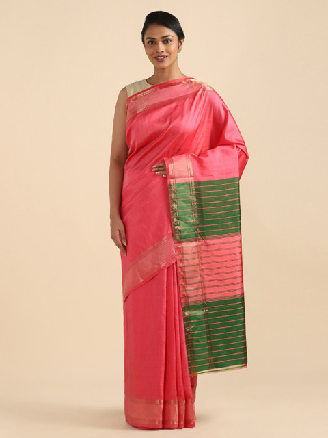 

Taneira Pink & Green Zari Pure Silk Saree