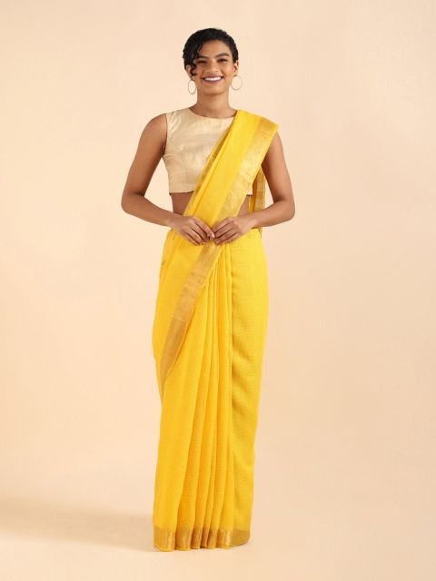 

Taneira Yellow & Gold-Toned Woven Design Zari Pure Silk Saree