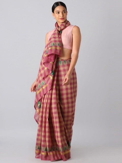 

Taneira Pink & Gold-Toned Checked Zari Pure Cotton Saree