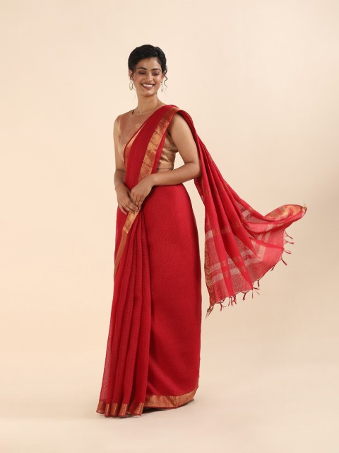 

Taneira Red & Gold-Toned Striped Zari Pure Silk Saree