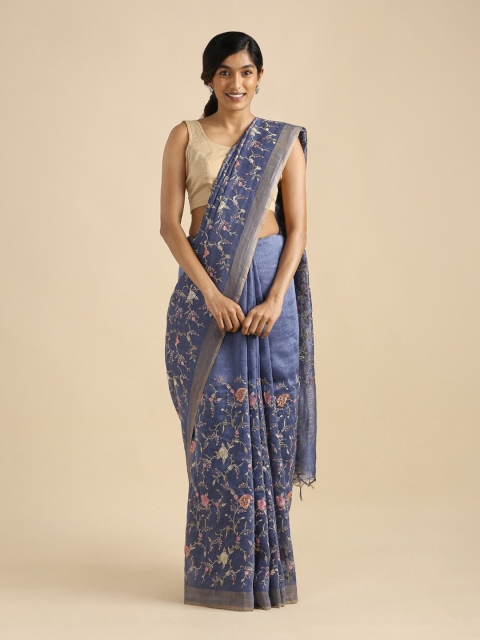 

Taneira Blue & Pink Floral Embroidered Pure Linen Saree