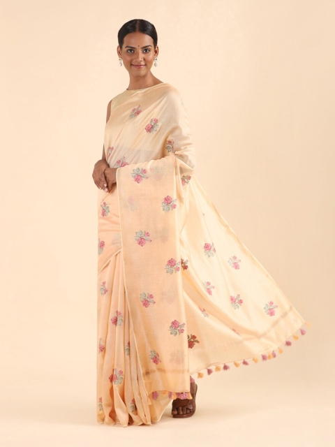 

Taneira Orange & Pink Floral Embroidered Silk Cotton Saree