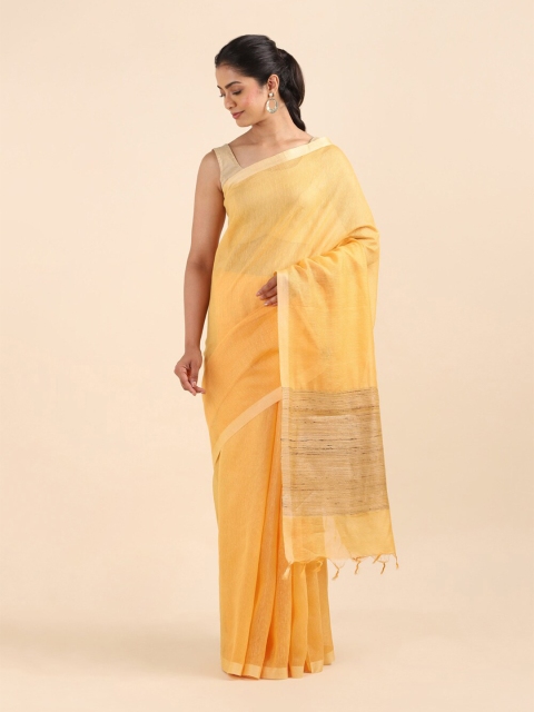 

Taneira Yellow & Gold-Toned Striped Zari Pure Silk Saree