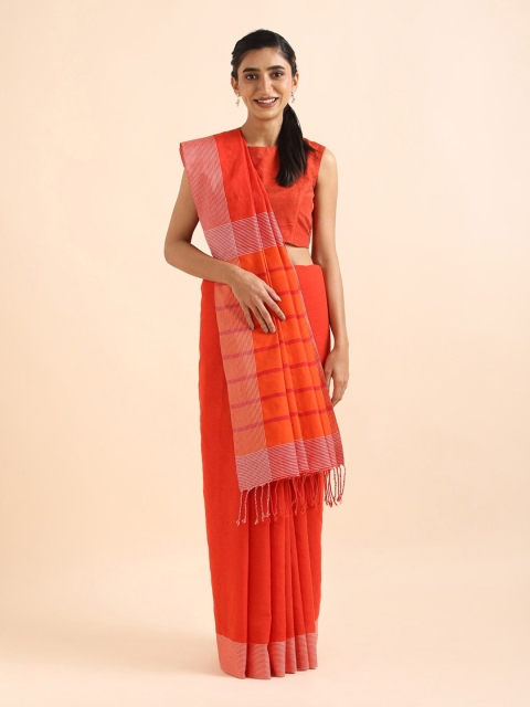 

Taneira Red & Orange Zari Pure Cotton Saree