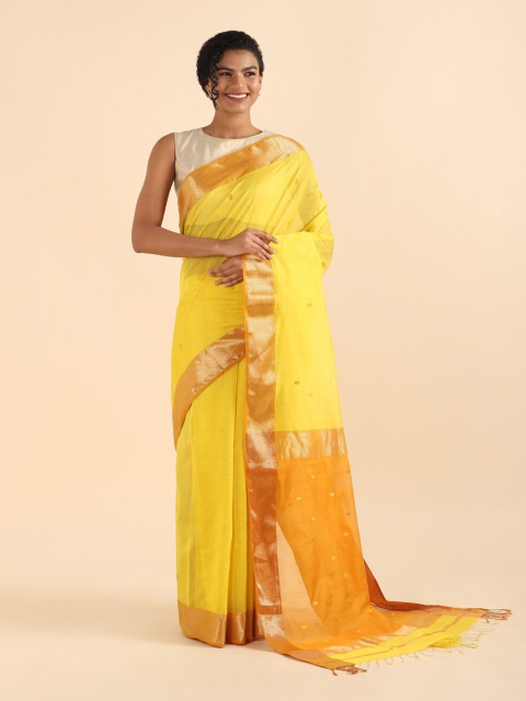 

Taneira Yellow & Gold-Toned Woven Design Zari Silk Cotton Maheshwari Saree