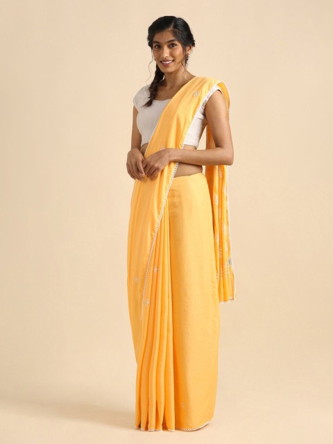 

Taneira Yellow & White Embroidered Pure Cotton Saree