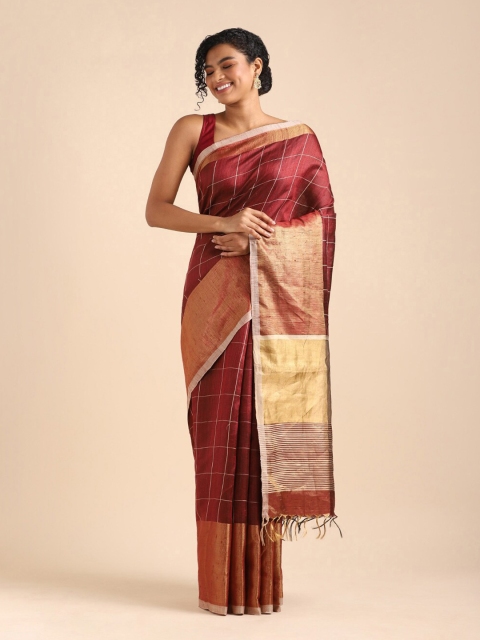 

Taneira Red & Gold-Toned Checked Pure Silk Bhagalpuri Saree
