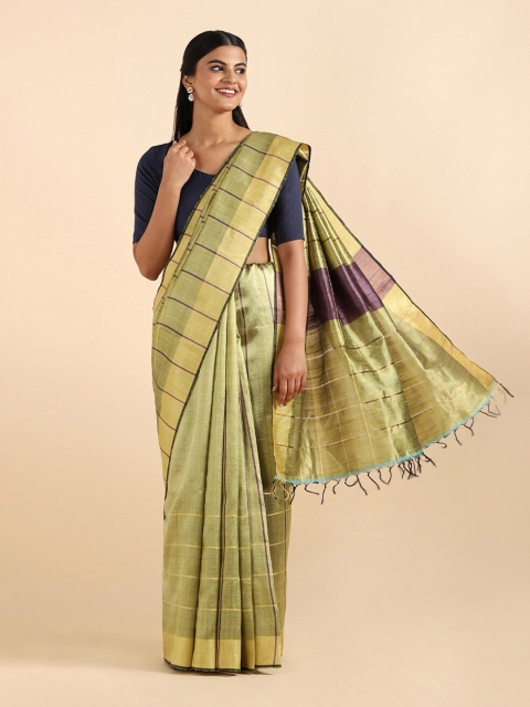

Taneira Green & Purple Striped Zari Pure Silk Bhagalpuri Saree