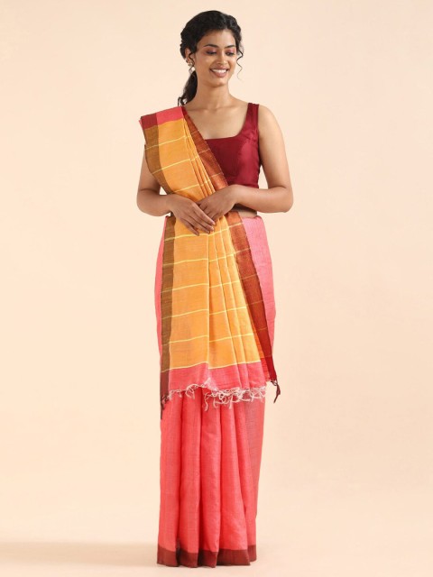

Taneira Yellow & Pink Pure Silk Bhagalpuri Saree