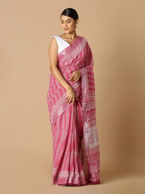 

Taneira Pink & Silver-Toned Striped Zari Bagru Saree