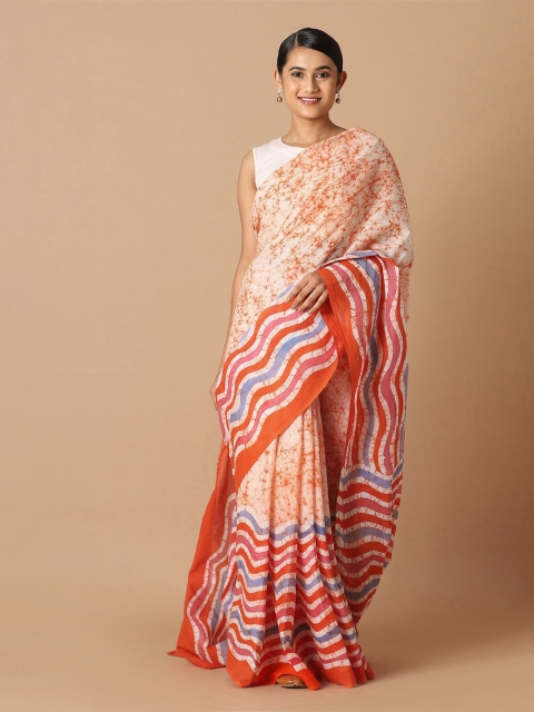 

Taneira Orange & Cream-Coloured Pure Cotton Saree