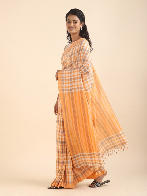 

Taneira Orange & Cream-Coloured Checked Pure Cotton Saree