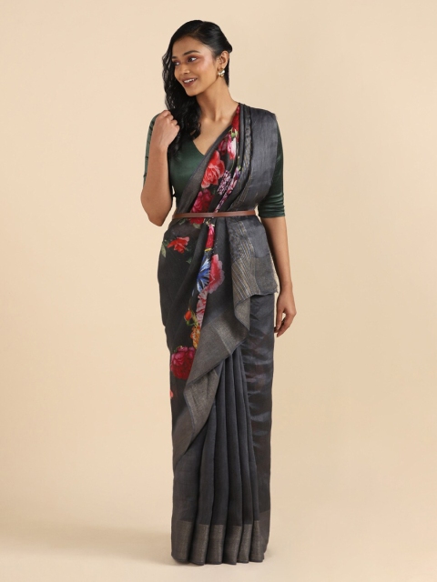 

Taneira Black And Red Floral Digital Print Zari Saree