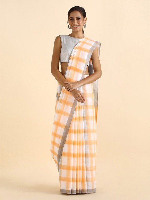 

Taneira Off White & Orange Checked Pure Cotton Saree
