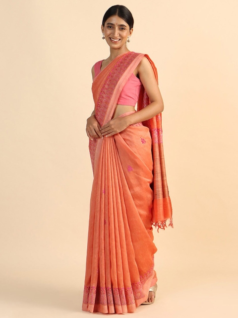 

Taneira Orange & Pink Floral Linen Blend Saree