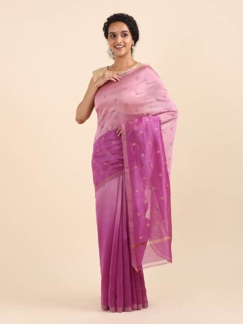 

Taneira Purple And Gold Toned Floral Embroidered Zari Border Saree