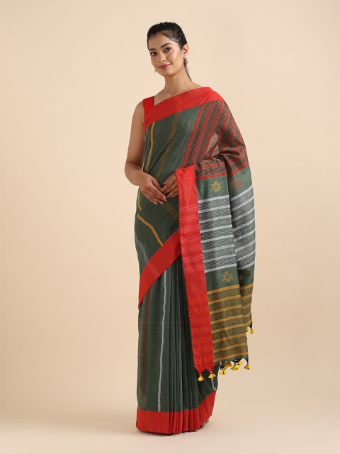 

Taneira Green & Red Striped Pure Cotton Saree