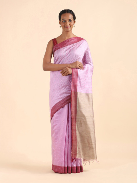 

Taneira Purple & Gold-Toned Striped Zari Pure Silk Bhagalpuri Saree