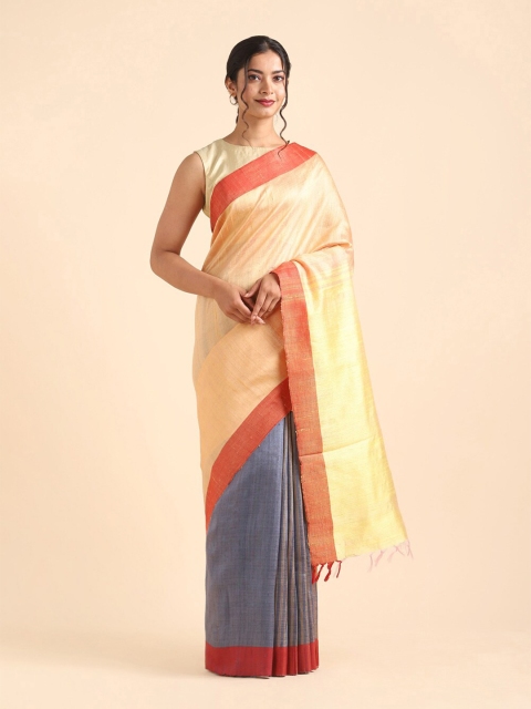 

Taneira Grey & Yellow Pure Silk Bhagalpuri Saree
