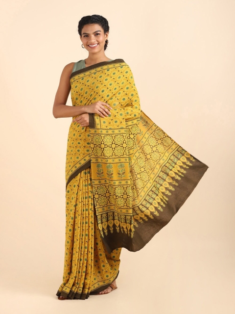 

Taneira Yellow & Brown Floral Pure Cotton Saree