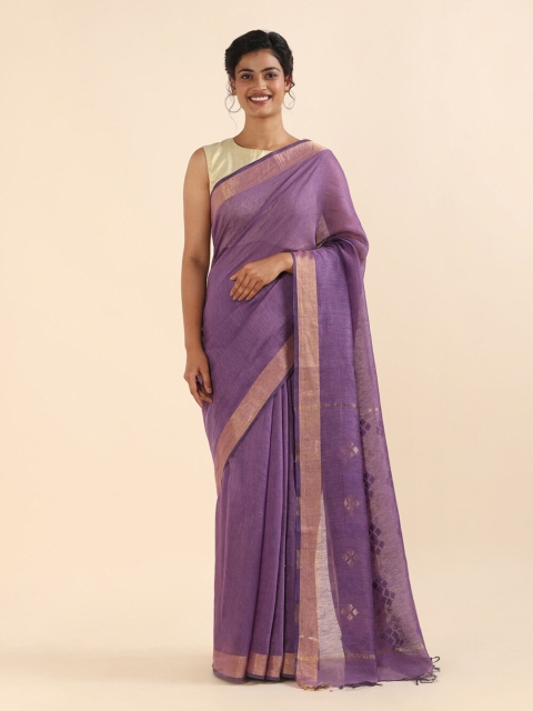 

Taneira Purple & Gold-Toned Zari Linen Blend Bhagalpuri Saree