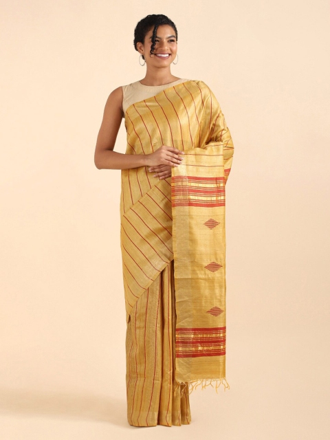 

Taneira Yellow And Red Striped Zari Tussar Silk Bhagalpuri Saree